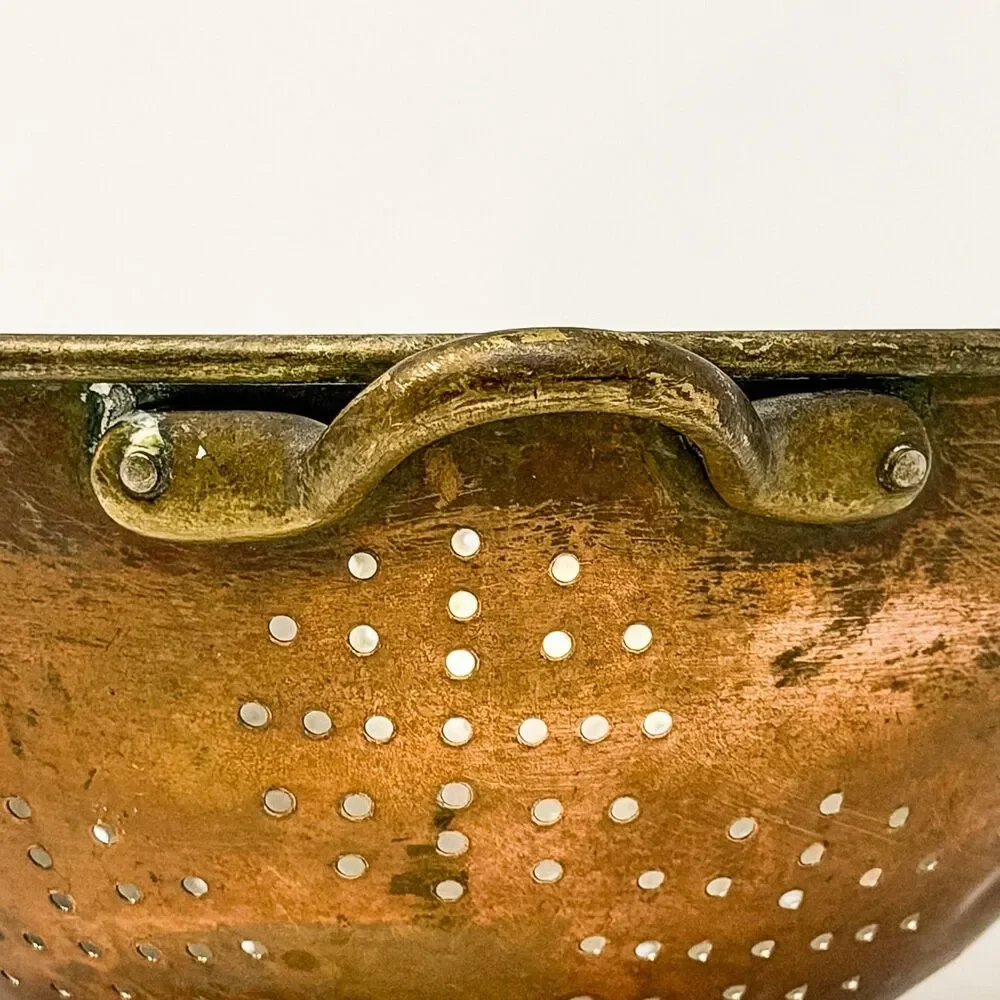 Vintage Copper Colander Brass Handles Farmhouse Kitchen Strainer Bowl Rustic